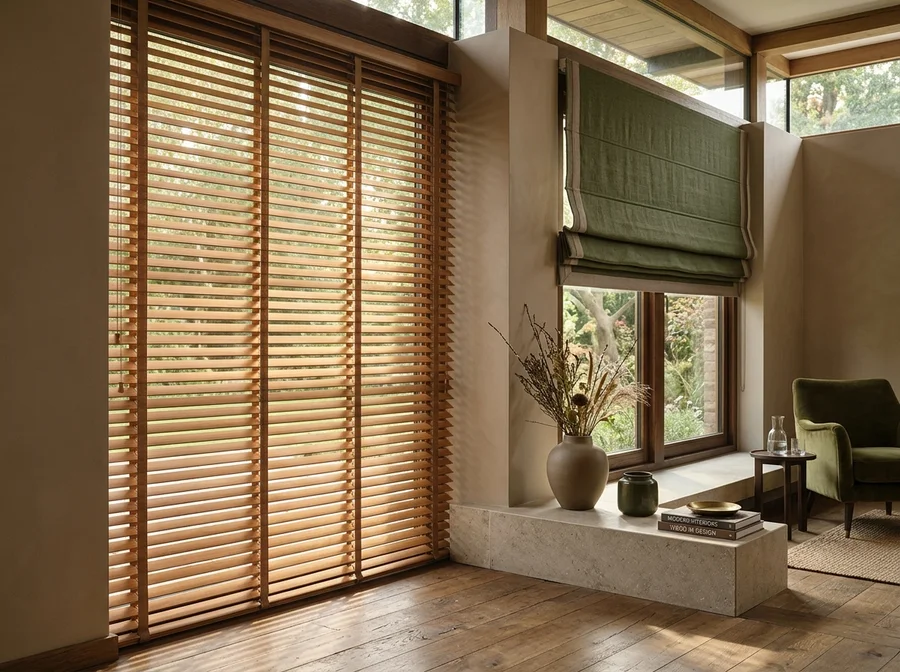 Warm wooden Venetian blinds and tailored Roman fabric blind in contemporary room