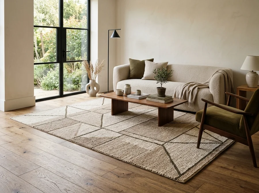 Artisan hand-tufted neutral wool rug in a modern living space