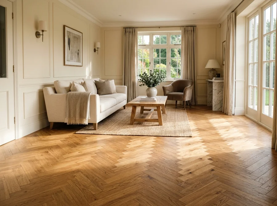 Warm herringbone engineered wood and luxury vinyl flooring in natural sunlight