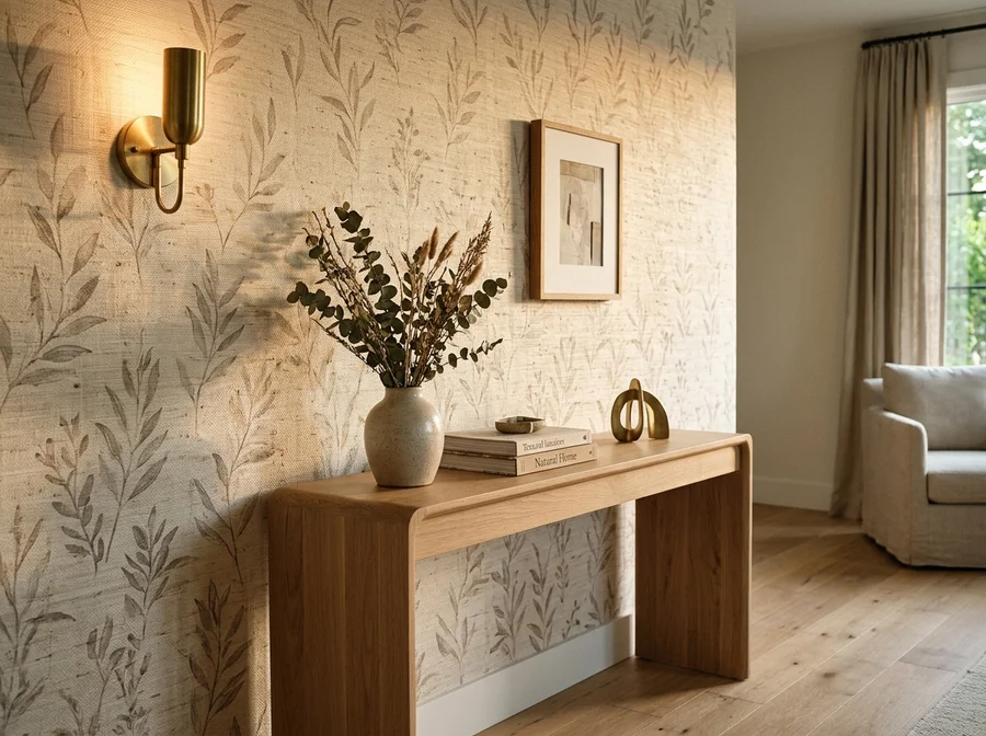 Textured designer grasscloth wallpaper on an elegant residential accent wall