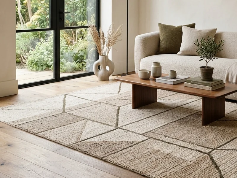 Contemporary living lounge with custom hand-tufted rug in Besant Nagar, Chennai