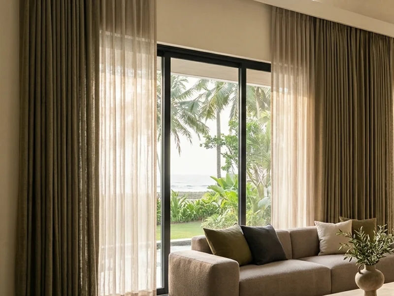 Double height living room with floor to ceiling curtains in Boat Club Road, Chennai