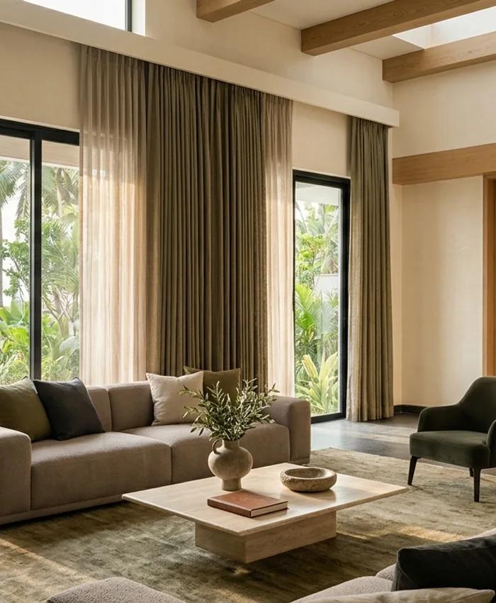 Coastal beachfront villa with airy sheer curtains in ECR, Chennai