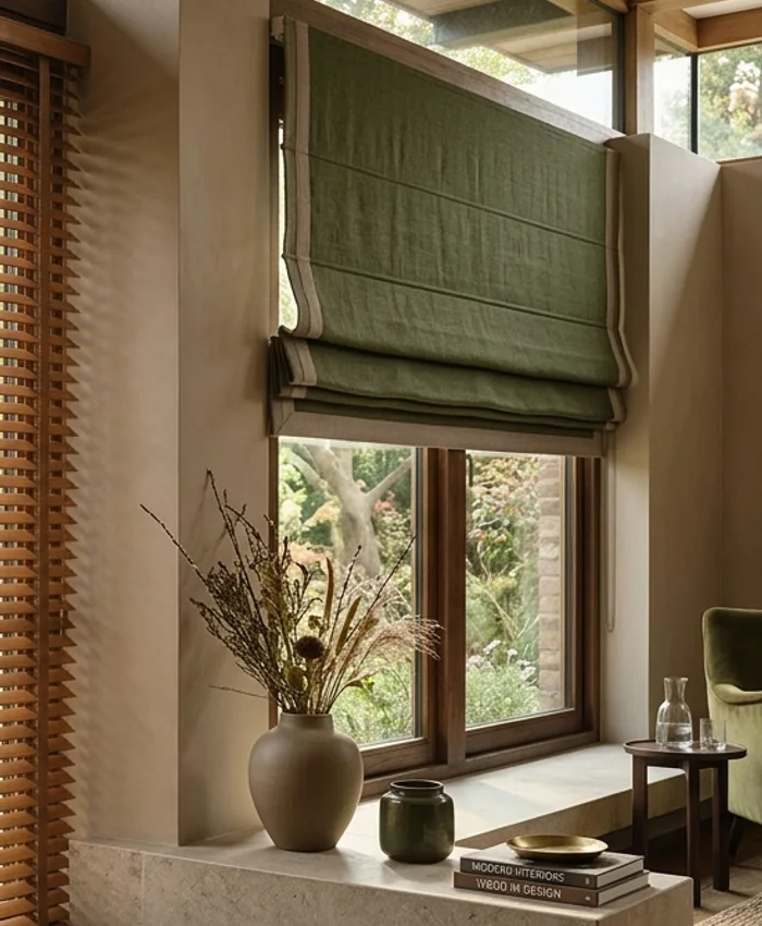 Formal dining space with tailored Roman shades in Poes Garden, Chennai